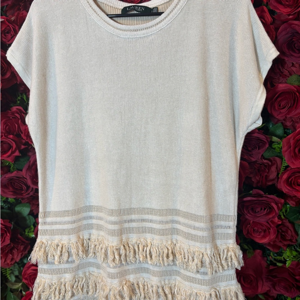 Ralph Lauren Cream Fringe Short Sleeve Top, Boho, winter, linen and viscous,